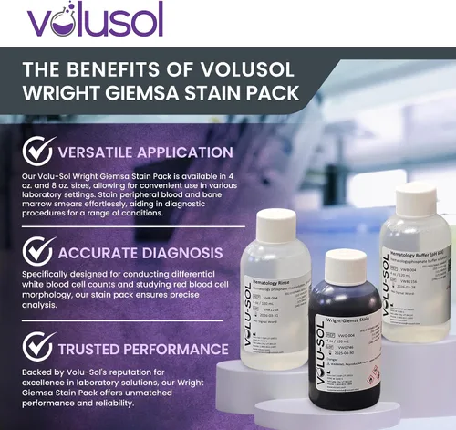 Vista 5 de Volu-Sol Wright-Giemsa - Kit de manchas – Incluye Wright Giemsa, tampón, enjuague – Tinte para microscopio Romanowsky para frotis de sangre y médula