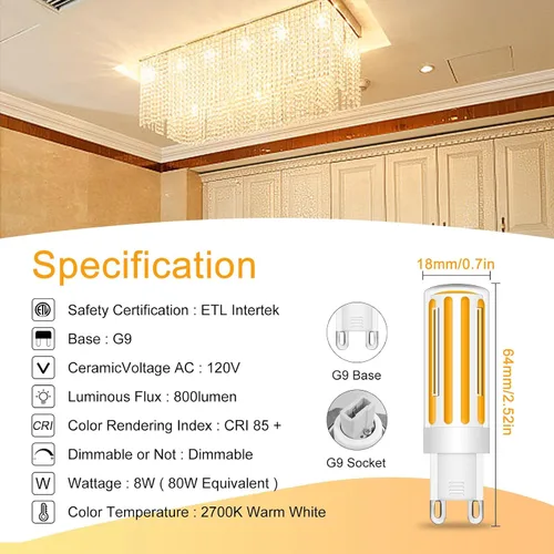 Vista 2 de Bombillas LED G9 de 8 W equivalentes a halógenos de 80 W, blanco suave 2700 K, ángulo de haz de 360, 120 V 800 LM, bombillas G9 con base de dos