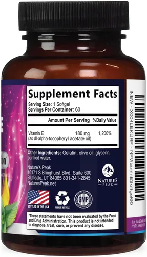 Vista 9 de Vitamina E 180 mg por porción cápsulas blandas – Vitamina E DL-Alfa, suplemento dietético rico en antioxidantes para la piel, el corazón y el apoyo