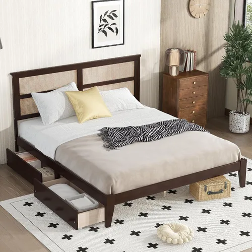Vista 12 de JIVOIT Cama de plataforma de tamaño King con cabecera de 46.5 pulgadas de alto, marco de plataforma de madera de bambú maciza con listones de madera