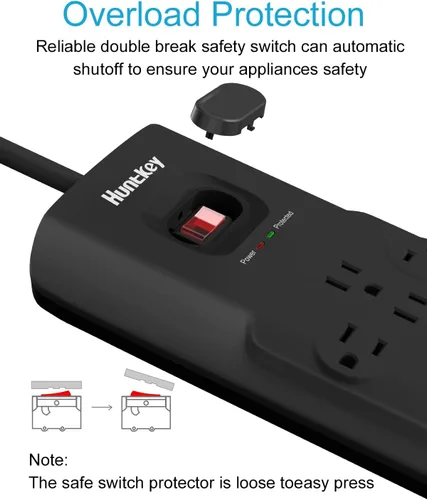 Vista 5 de Huntkey - Regleta protectora de sobretensiones (3480J), 12 salidas con 2 USB A y USB C de 20 W, carga rápida, enchufe plano de 6 pies, cable de Negro