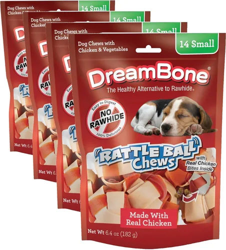 Vista 8 de DreamBone RattleBall - Masticables pequeños para perros, 14 unidades, sin piel cruda, con golosinas de pollo reales