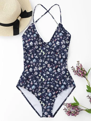 Vista 3 de Traje de baño sin espalda con estampado floral de encaje sexy para mujer