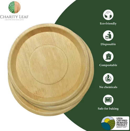 Vista 2 de Charity Leaf Bandejas redondas desechables de hoja de palma de 13 pulgadas de profundidad (10 piezas) Platos de servir tipo bambú, tablas
