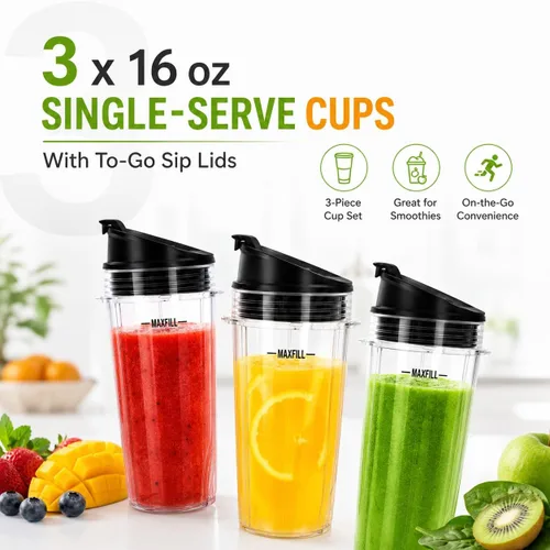 Vista 4 de Vasos de repuesto de 16oz para licuadora Ninja - Paquete de 3 vasos de licuadora Ninja con tapas, compatibles con Ninja QB3001SS, BL770, BL780