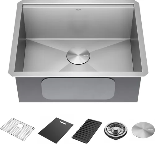 Vista 31 de DELTA FAUCET Delta Rivet 25 Pulgadas de Acero Inoxidable Negro Fregadero de Montaje Superior de Calibre 16 para Cocina con Tarja Única en Acabado