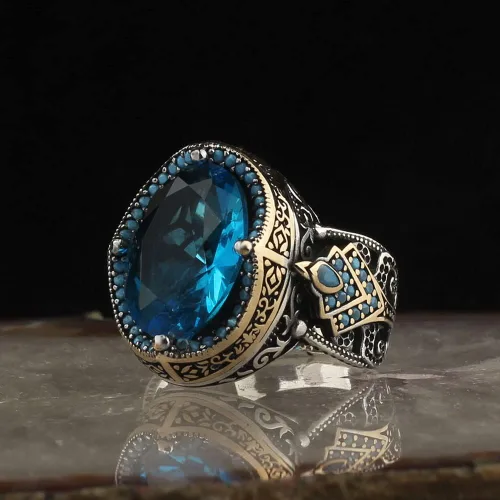 Vista 3 de 925 Sterling Silver Aquamarine Stone Men Silver Ring, Handmade Blue Aquamarine Stone Men's Silver Ring, Vintage Men Ring, Turkish Ottoman Men Ring