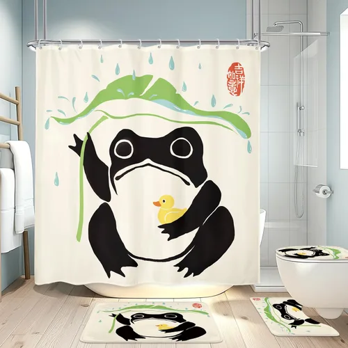 Vista 12 de Juego Divertido de Cortina de Rana Retro para Ducha, Juego de Baño 48x71 Pulgadas, Estilo Asiático Lindo, Arte Japonés Tradicional de Pato de Goma
