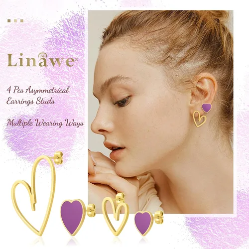 Vista 2 de Linawe 4 Pcs Heart Stud Mismatched Earrings Set for Women Girls, Hypoallergenic Stainless Steel GoldSilverRose Gold Cartilage Tragus Piercing