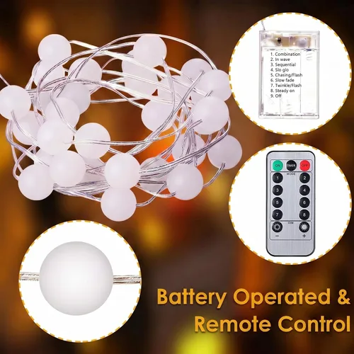 Vista 7 de Hiboom - Paquete de 1 tira de luces tipo globo de 10 pies, 30 LED, 8 modos de iluminación Battery Operated Fairy Lights with Remote Timer for