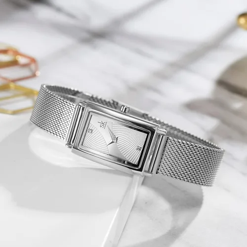 Vista 5 de SHENGKE Reloj rectangular de cuarzo para mujer, con correa de malla milanesa de acero inoxidable, para negocios, casual, clase, Reloj de cuarzo