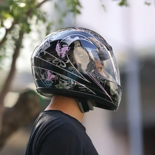 Vista 7 de TCT-MOTORPARTS - Casco de motocicleta con tapa abatible, de cara completa, certificado por el DOT, diseño de mariposa rosa y negro, casco deportivo
