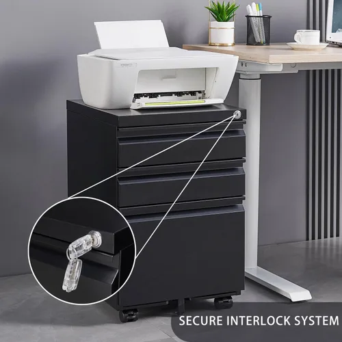 Vista 4 de Archivador rodante con cerradura, archivador de almacenamiento de oficina de 3 cajones para tamaño carta, archivador de metal de acero para oficina