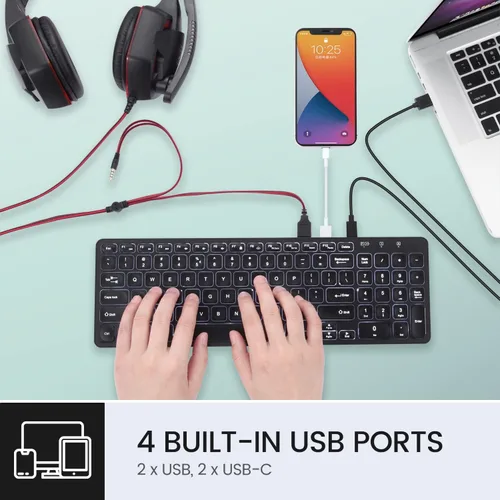 Vista 2 de Perixx PERIBOARD-215B US Teclado con cable - Teclas de tijera ultra delgadas - 2 puertos USB-A y USB-C integrados - Cable desmontable - Negro