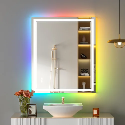 Vista 26 de Espejo de baño LED de 24 x 28 pulgadas, luz frontal y retroiluminada, antiniebla, regulable, espejo de tocador iluminado con memoria, espejo LED