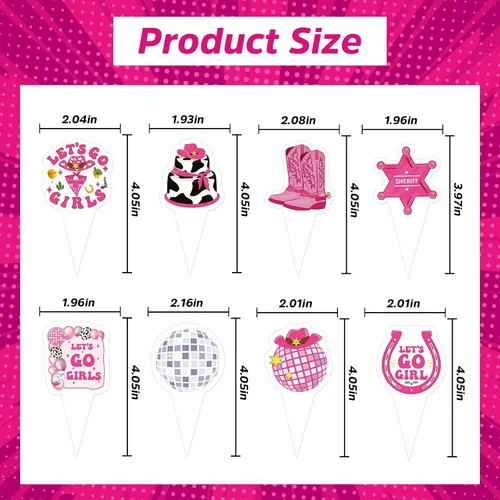 Vista 3 de Decoración para tartas de cumpleaños de vaquera disco – NOVBAUB 48 piezas de decoración de fiesta de cumpleaños de vaquera rosa intenso, suministros
