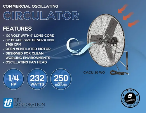 Vista 2 de TPI Corporation CACU30WO Ventilador oscilante de montaje en pedestal de alta velocidad de 30 pulgadas para garaje, comercial, industrial, motor de 3