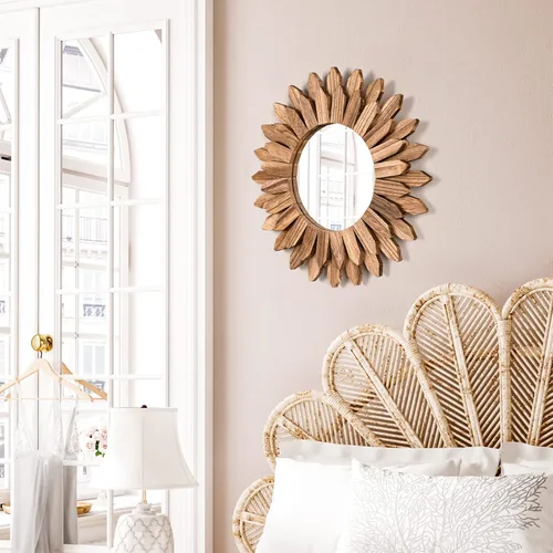 Vista 2 de Emfogo Espejo de Pared de 12 Pulgadas de Madera Rústica Sunburst Espejo Boho Decoración de Pared Decoración del Hogar para Dormitorio Sala de Estar