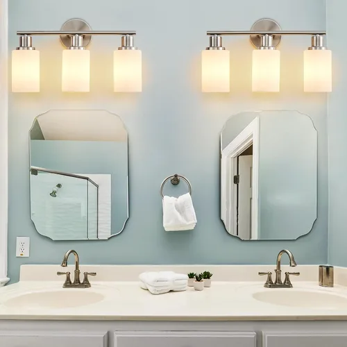 Vista 5 de [Usado] DLLT Lámparas de Baño de 3 Luces: Luces de Tocador Modernas de Níquel con Bombillas E26 - Lámpara de Pared de Baño con Pantalla de Vidrio