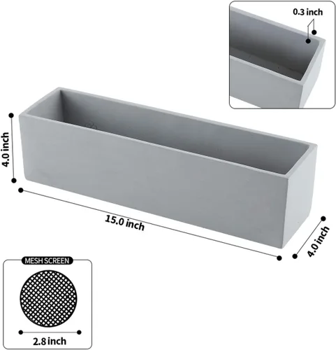 Vista 6 de Maceta rectangular de cemento gris de 15 pulgadas para suculentas, caja de alféizar de ventana