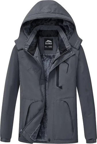 Vista 8 de ELLSWOS Chaqueta de esquí impermeable para hombre, abrigo de nieve de invierno, impermeable cálido con capucha, cortavientos Marrón