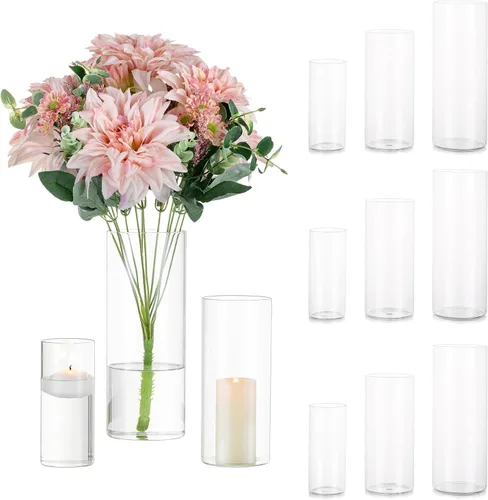 Vista 9 de Glasseam Jarrones cilíndricos transparentes para centros de mesa, juego de 6 jarrones cilíndricos de vidrio, jarrón de huracán para flores