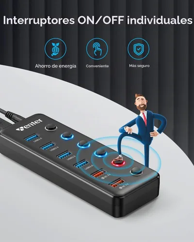 Vista 6 de Wenter Hub USB 3.0 de 6 puertos USB 3.0 (4 puertos de datos USB 3.0 + 2 puertos de carga rápida QC 3.0) con interruptores LED individuales
