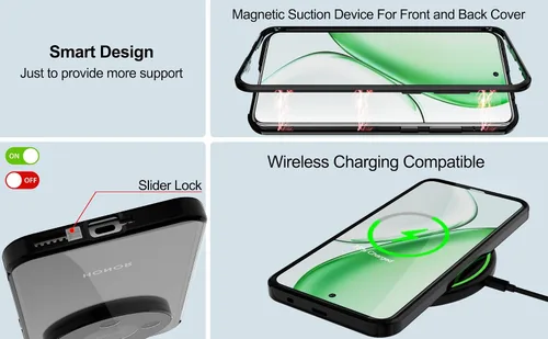 Vista 4 de QUIETIP Funda magnética para Honor Magic 8 Lite/Honor X9d, marco de metal de doble cara cubierta de vidrio templado transparente, negro