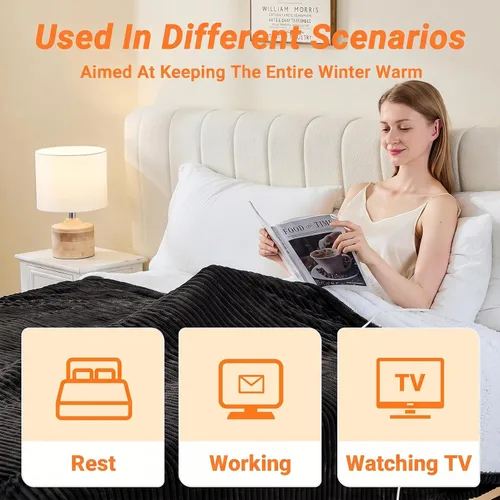 Vista 5 de Manta térmica eléctrica, manta térmica de franela suave con 8 horas de apagado automático, 10 niveles de calentamiento rápido, lavable a máquina
