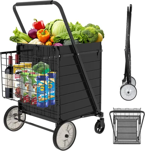 Vista 11 de Carrito de Compras Plegable de Servicio Pesado para Comestibles, Carritos de Comestibles Jumbo con Ruedas Giratorias de 360°, Bolsa Impermeable