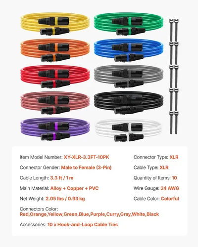 Vista 7 de VEVOR Cable XLR de 3.3 pies, paquete de 10 cables de micrófono DMX equilibrados blindados macho a hembra, cable de altavoz de micrófono XLR de 3
