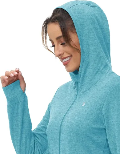 Vista 32 de TBMPOY Chaquetas con capucha y protección solar UPF 50+ para mujer, ligeras, de manga larga, para senderismo, exteriores, con cremallera completa