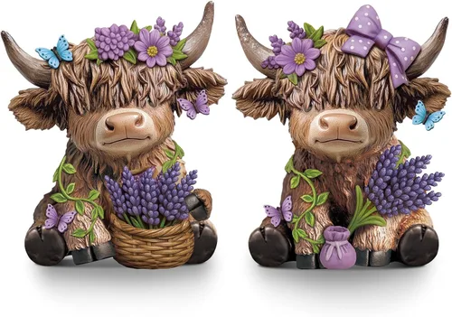 Vista 11 de Wesiti 2 figuras de vaca de las tierras altas de béisbol, bonita estatua deportiva de resina con murciélago y pelota, regalos para fanáticos