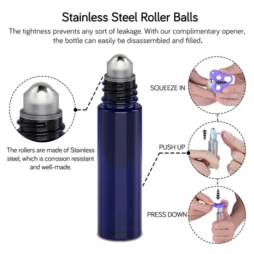 Vista 2 de PrettyCare 6 piezas, botellas roll-on de 10 ml para aceites esenciales con bola de rodillo de acero inoxidable - Botellas rellenables a prueba