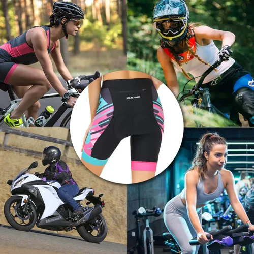 Vista 6 de DEALYORK Pantalones cortos de ciclismo para mujer, acolchados en 3D con bolsillo, pantalones de ciclismo de montaña, ergonómicos de cintura alta