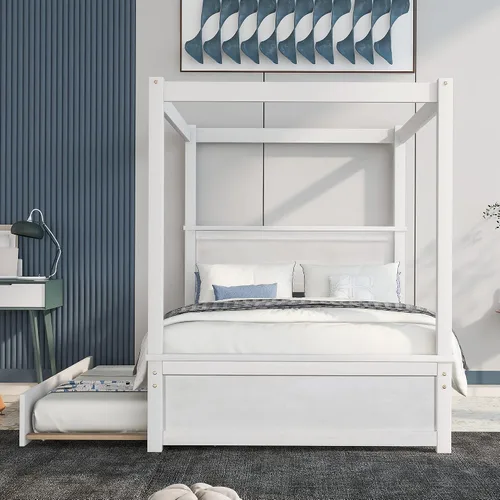 Vista 3 de Harper & Bright Designs Cama con dosel de tamaño matrimonial con cama nido, plataforma de madera con dosel con listones de soporte, cama de piso