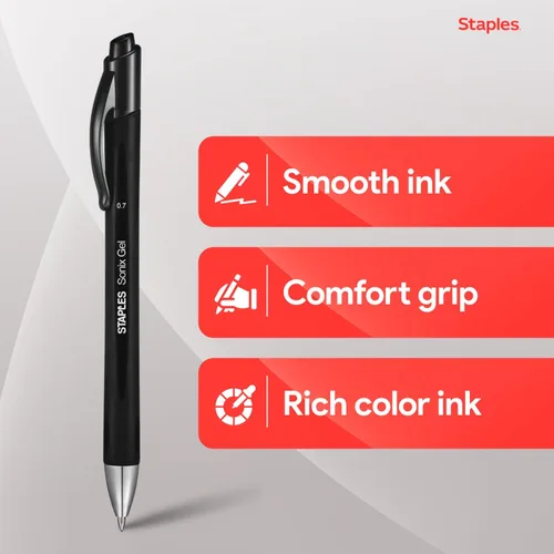 Vista 3 de STAPLES Bolígrafos de gel retráctiles, punta media de 0.028 in, tinta negra, paquete de 12 bolígrafos de gel Sonix con clip de bolsillo