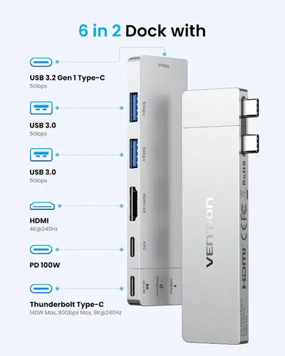 Vista 7 de VENTION Hub USB C 6 en 2 para MacBook Neo/Air/PRO, 80Gbps desmontable magnético 8K USB-C Dock con HDMI 4K a 240Hz, PD máximo de 140 W