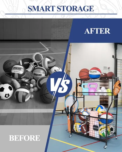 Vista 5 de Organizador de almacenamiento de equipos deportivos con ruedas rodantes, carrito de almacenamiento de pelota de garaje para baloncesto, fútbol