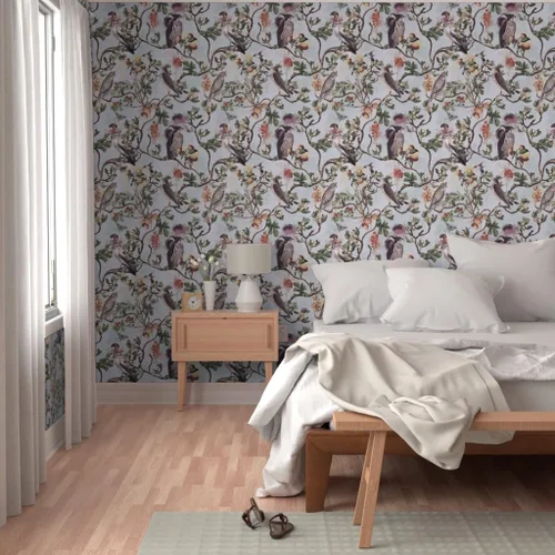 Vista 5 de Muestro de papel tapiz removible – Vintage Birds Acuarela Chinoiserie Antiqued of Prey Blue Green Gray Botánico Personalizado Papel pintado