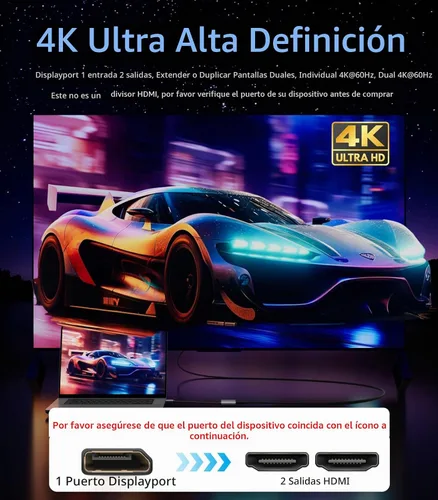 Vista 3 de Adaptador DisplayPort a HDMI dual [4K @60Hz] Divisor DP a HDMI, pantalla extendida de 1 en 2 salidas, convertidor de fuente macho DP para monitores