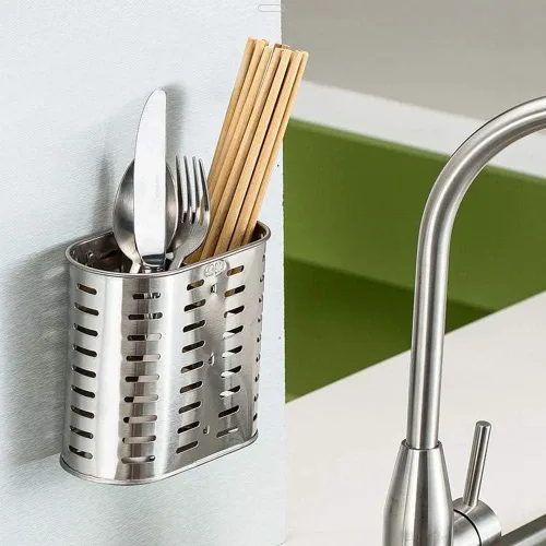 Vista 7 de Escurridor de utensilios de malla autoadhesivo, 2 compartimentos, palillos, cuchara, tenedor, cuchillo, escurridor de cubiertos, acero inoxidable 304