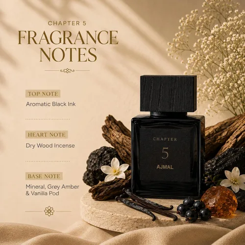 Vista 3 de Ajmal Capítulo 5 Eau de Parfum, fragancia de ámbar amaderado y vainilla