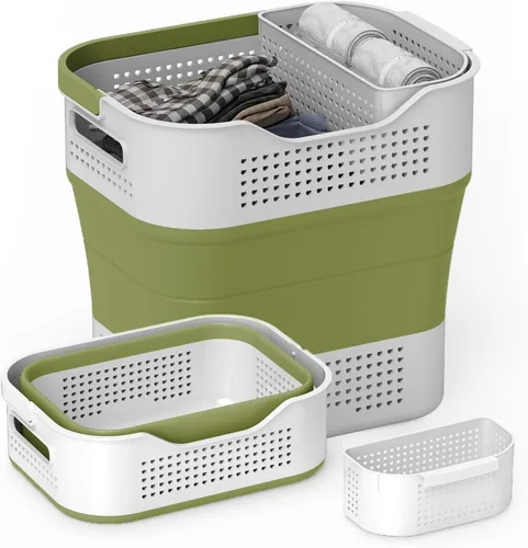 Vista 8 de TECHMILLY - Canasta plegable de plástico para la ropa sucia con asas, cesto portátil de 35L de goma, contenedor/organizador desplegable con cesta