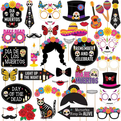 Vista 8 de KatchOn, Juego de accesorios de Halloween, paquete de 35 Accesorio de cabina de fotos del Día de los Muertos para decoraciones de fiesta mexicana
