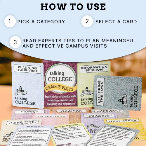 Vista 5 de Baraja de tarjetas de visita al campus: tarjetas de conversación para visitas universitarias, consejos futuros para la universidad, aprende lo que