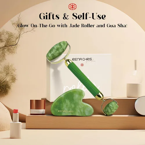 Vista 6 de Rena Chris Juego de Gua Sha y Rodillo Facial: Rodillo de Jade Anti-Rotura para Uso Duradero, Escultura de la Línea de la Mandíbula y Reducción