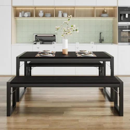 Vista 7 de SHA CERLIN Juego de mesa de comedor de cocina para 4 personas con bancos, comedor rústico pequeño que ahorra espacio, marco de metal resistente