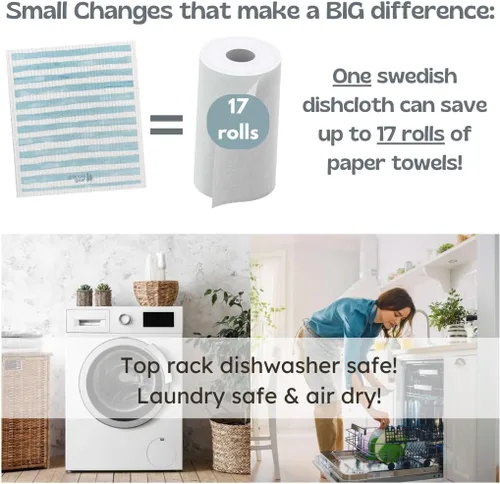 Vista 4 de Paquete de 6 paños suecos para cocina, hechos en Suecia, toallas de papel reutilizables, paños de esponja lavables, algodón de celulosa Seaglass