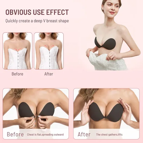 Vista 4 de Chicpre Adhesive Invisible Bra Strapless Push Up Bra Backless Silicone Sticky Bra for Women with Nipple Covers